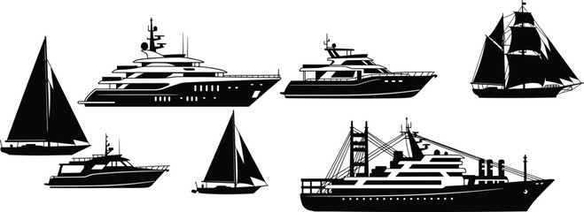 Boat and ship silhouette collection featuring yachts, sailboats, cargo vessel, modern boats, marine transportation vector illustration set for nautical design © meri999