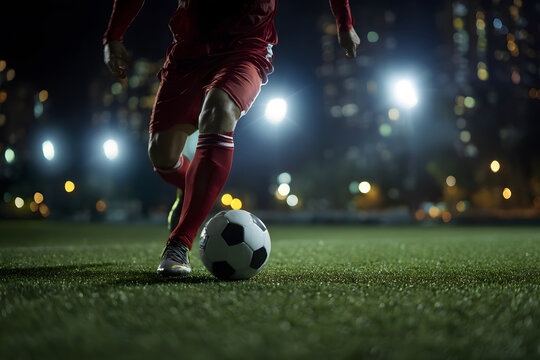 Football player dribbles the ball on a well-lit field at night in a vibrant city