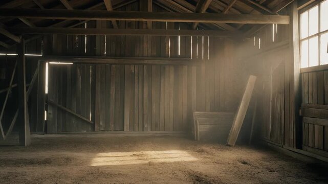 An empty corridor with light streaming through broken windows reveals the decaying concrete structure of an old abandoned barn interior