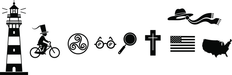 Minimalist symbolic icon set featuring lighthouse, bicycle rider, magnifier, cross, USA map and flag representing travel, culture, and exploration themes © Yeasrin