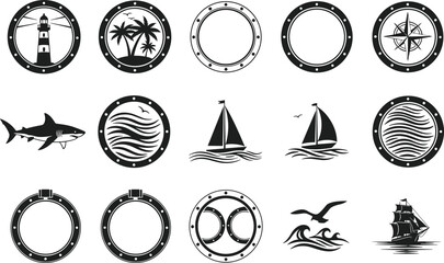 Nautical maritime silhouette icon set with lighthouse sailboats ship portholes compass ocean waves and sea elements isolated © Yeasrin