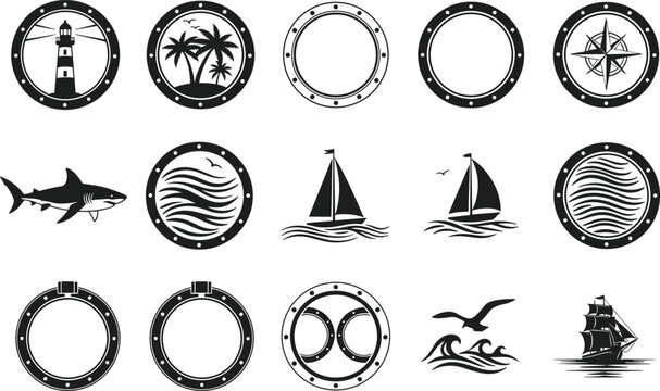 Nautical maritime silhouette icon set with lighthouse sailboats ship portholes compass ocean waves and sea elements isolated