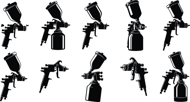 Paint spray gun silhouette set showing professional airbrush tools for automotive and industrial coating isolated on white background
