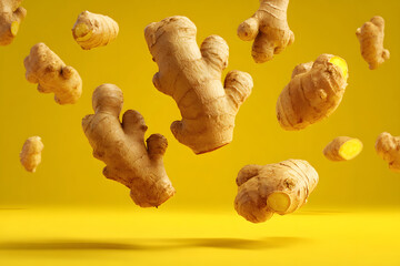 Fresh ginger roots floating against a bright yellow background in a creative food composition