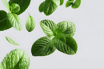Fresh mint leaves arranged on a white background highlighting their vibrant green color and texture