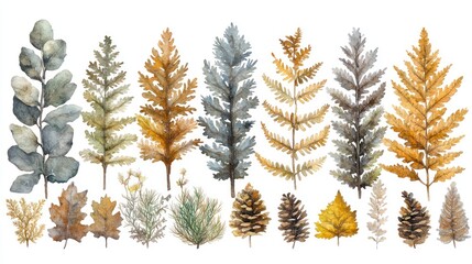 Various painted leaves and cones collection