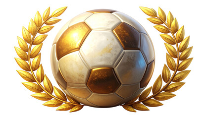 Soccer ball with golden laurel wreath isolated on transparent background, championship and victory concept