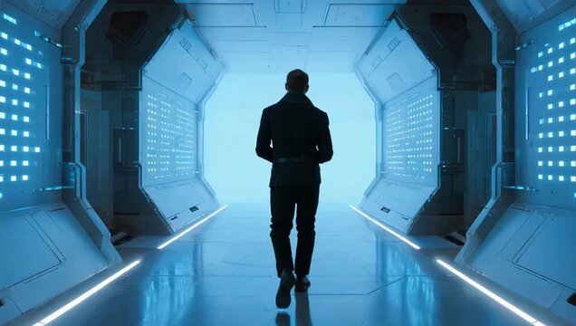 Futuristic corridor with glowing lights