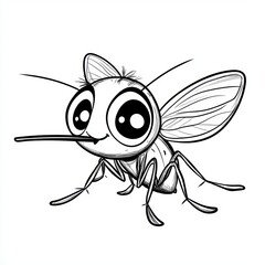 Cute cartoon mosquito with big eyes and a long proboscis, in black and white.
