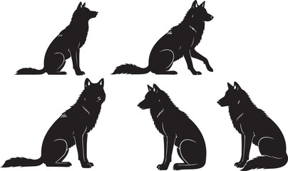 Black wolf silhouettes in various sitting poses animal © MdMojnu