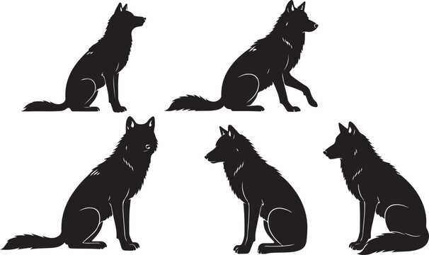 Black wolf silhouettes in various sitting poses animal