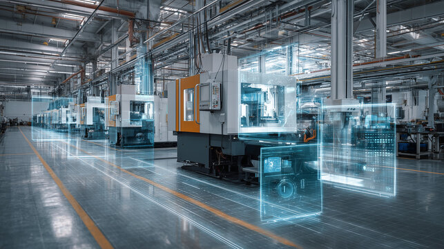 digital twin smart factory with automated industrial machines, industry 4.0 manufacturing system visualization, advanced production line with virtual engineering overlay
