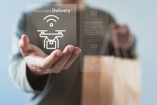 Automated drone delivery system interface with package icon - Powered by Adobe