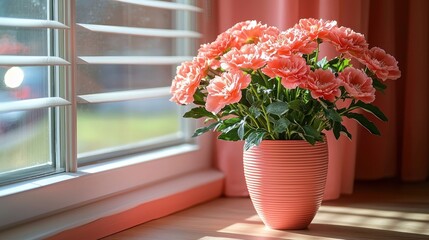 Vase with peach flowers near window, sunny day