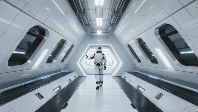 Astronaut walking through a futuristic spaceship corridor