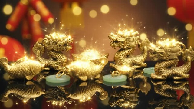 Golden Chinese Dragon and Pixiu Statues with Festive Lanterns.