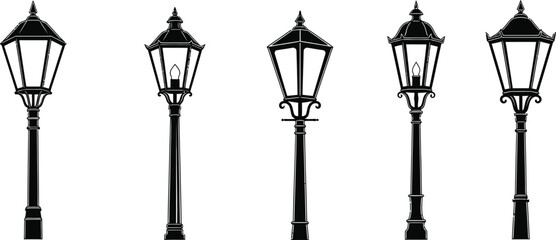 Black and white illustration of four vintage street lamps on white background