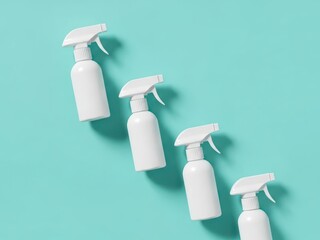 Clean white spray bottles arranged diagonally on bright teal background with clean lines minimalist aesthetic and crisp modern lighting
