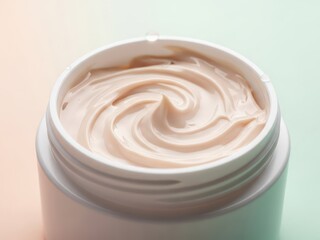 Close up shot of creamy cosmetic product in a white jar soft lighting highlighting the swirls and texture with a subtle color gradient background