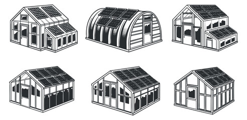 Fototapeta premium A collection of six different greenhouse designs featuring solar panels in black and white vector style, suitable for agricultural projects and sustainable farming