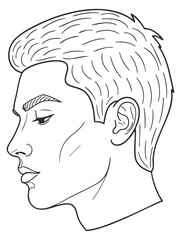 A profile illustration of a young man with stylish hair in minimalist line art vector style, suitable for creative projects