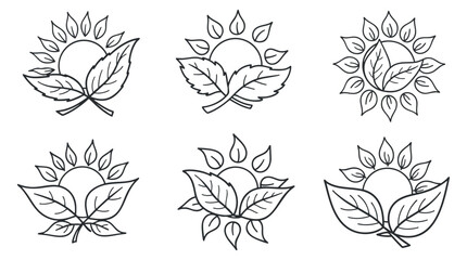 Fototapeta premium A collection of six sun and leaf icons in outline vector style, suitable for eco-friendly branding and nature themes
