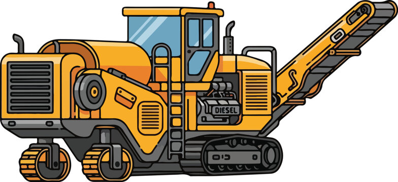 Yellow Tracked Asphalt Cold Milling Machine or Road Planer Construction Vehicle Cartoon Illustration