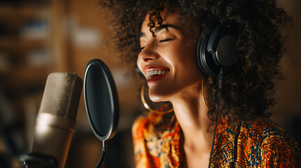 Joyful young woman with curly hair singing passionately into a professional studio microphone while wearing headphones in a music recording studio.