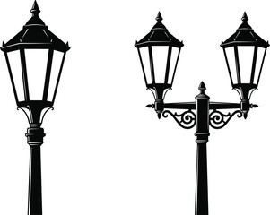 Black silhouette of vintage street lamps on white background