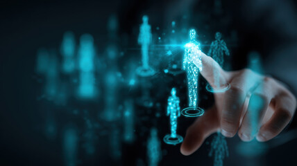 Hand Touching Holographic Blue People Icons Network Digital Human Resources Management Technology Social Connection Business Concept