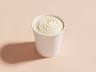 Creamy yogurt swirl in a white paper cup against a soft pink background featuring smooth texture delicious dessert and soft lighting for food imagery