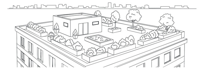 Fototapeta premium A detailed outline illustration of a rooftop garden on a modern building in minimalist vector style, suitable for urban design projects