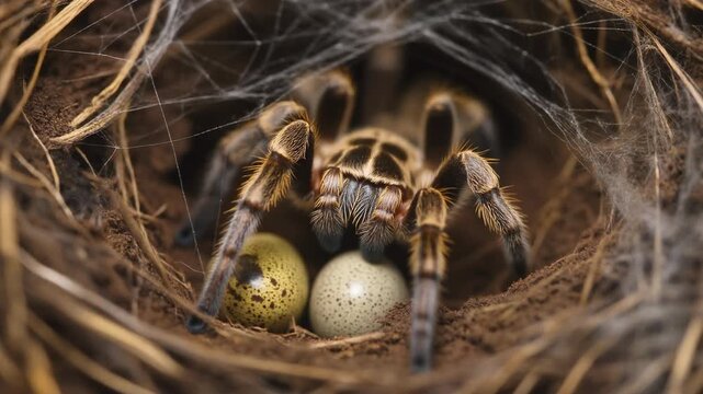 A large tarantula spider guarding two eggs in its silken burrow, nestled in the dirt.