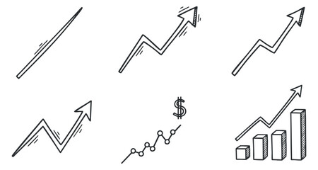 A collection of upward trending arrow graphics in black outline vector style, suitable for finance and business presentations
