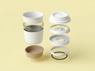 Deconstructed coffee cup mockup with all its individual elements showing layers of components against a neutral yellow background highlighting the structure