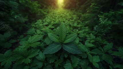 Verdant forest floor, sunlit, fresh growth