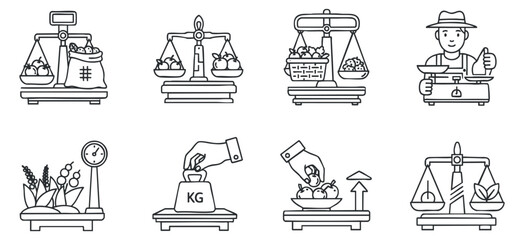 A collection of balance scales and weighing icons in black and white minimalist vector style, suitable for agricultural and trade applications