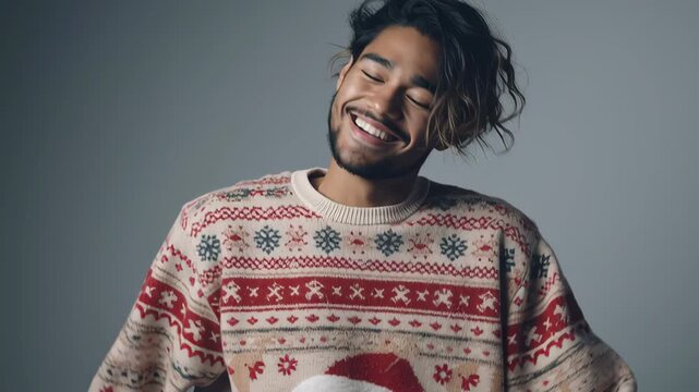 Smiling young man wearing a cozy patterned sweater on a neutral studio background, showing warmth confidence and relaxed modern winter style