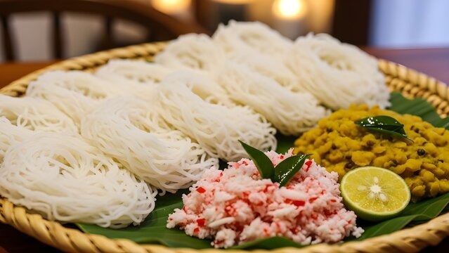 String Hoppers Served with Coconut Sambol and Curry, Sri Lankan Meal