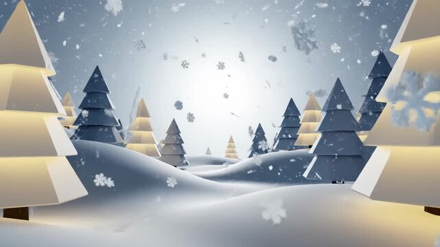 A computer generated winter scene with snow falling on pine trees in the forest with snowflakes in the air