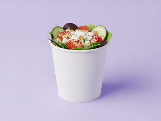 Fresh salad in a paper cup featuring vibrant tomatoes crisp cucumbers and feta cheese against a soft lilac backdrop clean and modern presentation