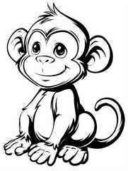 Obraz premium Hand drawn black and white monkey line art illustration of a cute baby primate sitting and smiling on a white background, minimal style drawing for children coloring book page or animal icon