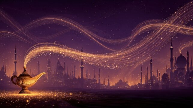 Magical golden genie lamp on dark ground with glowing sparkling dust trails and mystical smoke swirls against an ancient middle eastern city skyline at night with palace domes and towers under stars