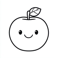 A cute apple with a leaf smiling, perfect for coloring books for children.