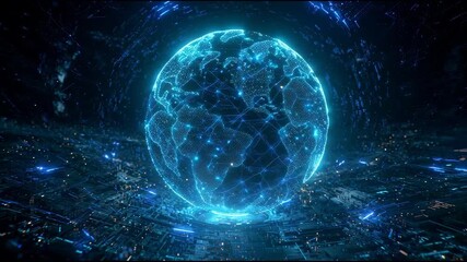 Digital Glowing Earth Globe On Circuit Board Abstract Technology Background - Powered by Adobe