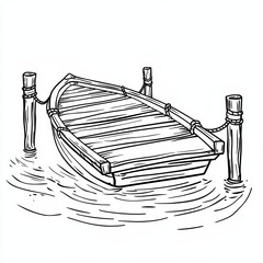 A small rowboat tied to dock posts, floating peacefully on calm water.