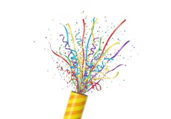 Colorful confetti and streamers exploding from a yellow striped party popper isolated on transparent background for celebration and festive event concept