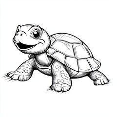 Charming black and white illustration of a cartoon turtle with a smile.