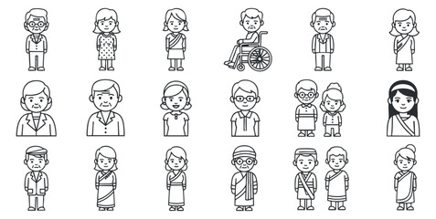 A collection of diverse people icons depicting various ages, genders, and cultural outfits in black and white line art style, suitable for community and social themes