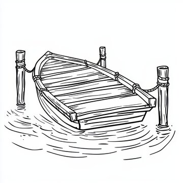 A small rowboat tied to dock posts, floating peacefully on calm water.